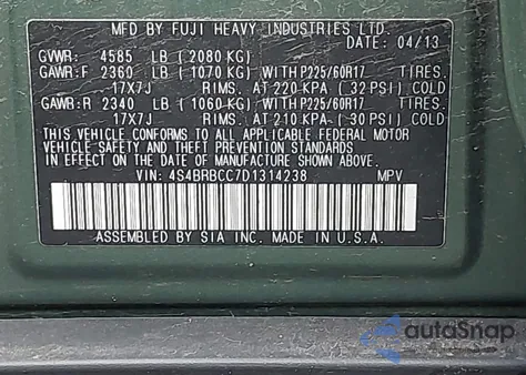 2013 Subaru Outback 2.5I Premium from USA, damaged, VIN 4S4BRBCC7D1314238